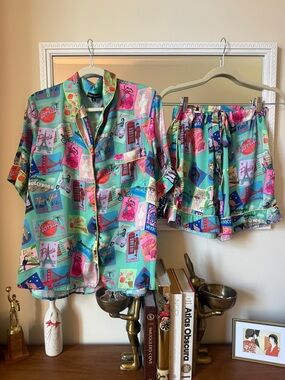 Karen Mabon Travel Postcard Satin Pajama Set — Size Medium